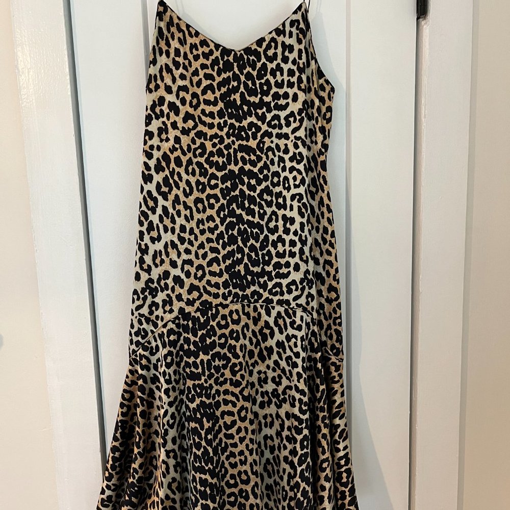 Ganni Leopard Satin Ruffled Slip Dress